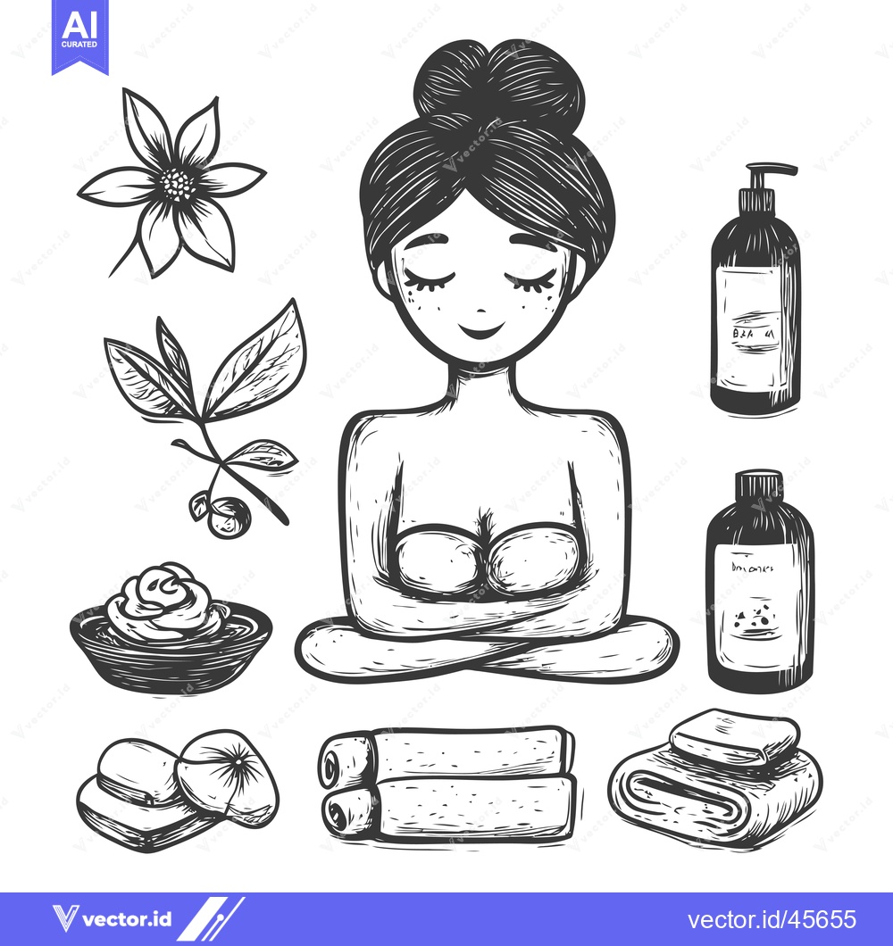 Premium Vector of Hand-Drawn Illustration of a Woman Relaxing in a Spa Setting with Vari