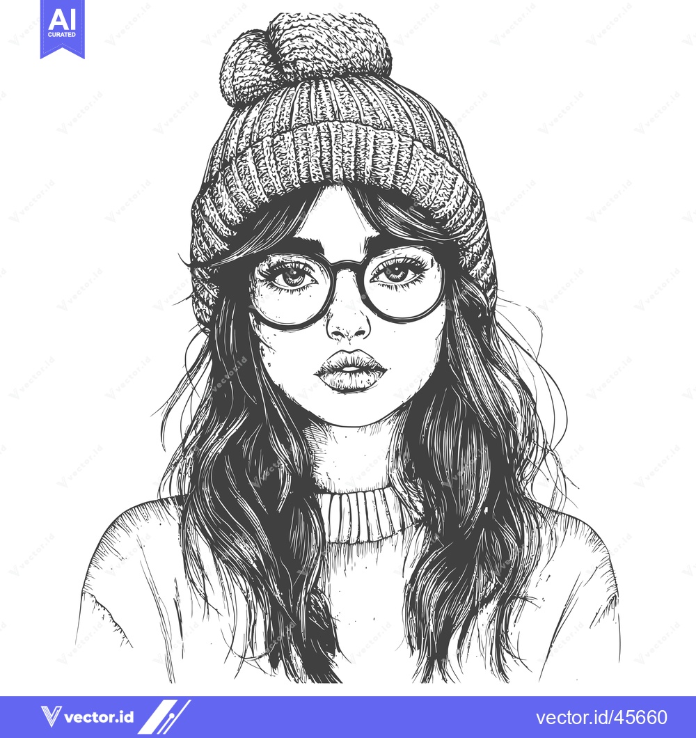 Premium Vector dari Hand-Drawn Illustration of a Woman Wearing a Knitted Hat and Glasses
