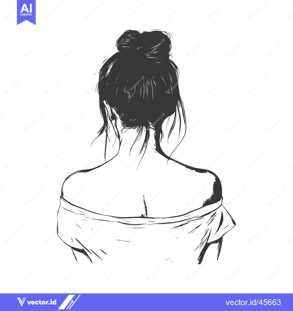 Premium Vector of Hand-drawn Illustration of a Woman with Her Hair in a Bun, Seen from B