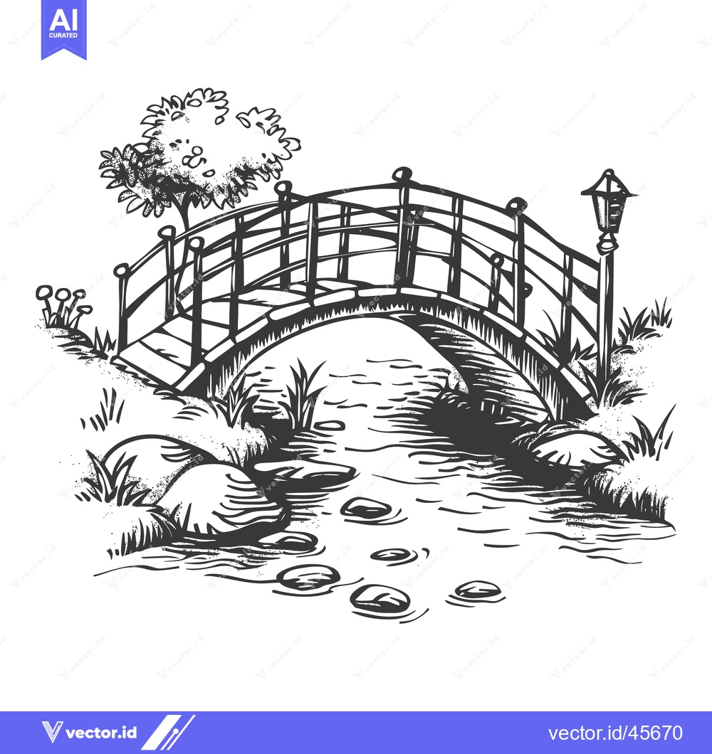 Premium Vector of Hand-drawn illustration of a wooden bridge over a stream with a lamppo