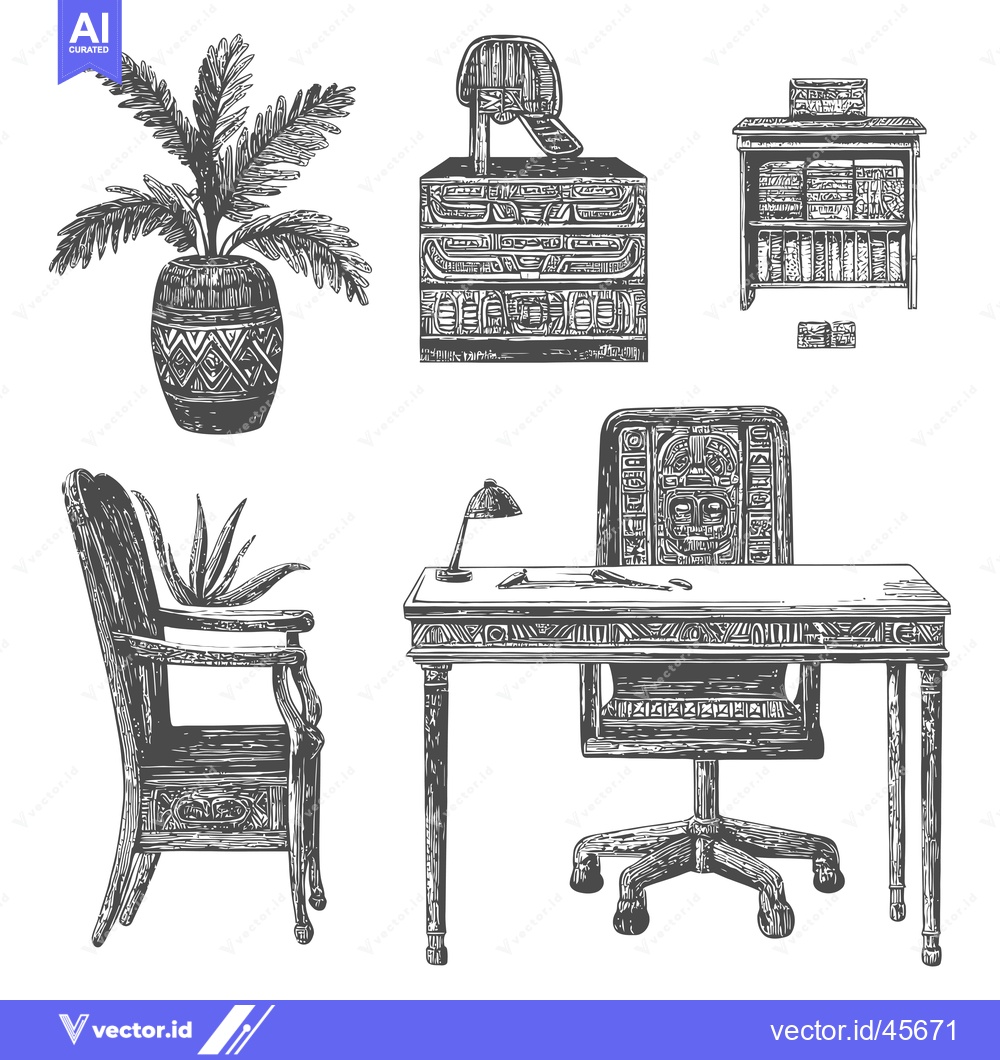 Premium Vector dari Hand-Drawn Illustration of a Wooden Desk, Chair, and Other Home Furnis