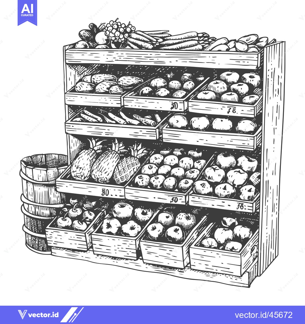 Premium Vector dari Hand-drawn Illustration of a Wooden Fruit and Vegetable Stand
