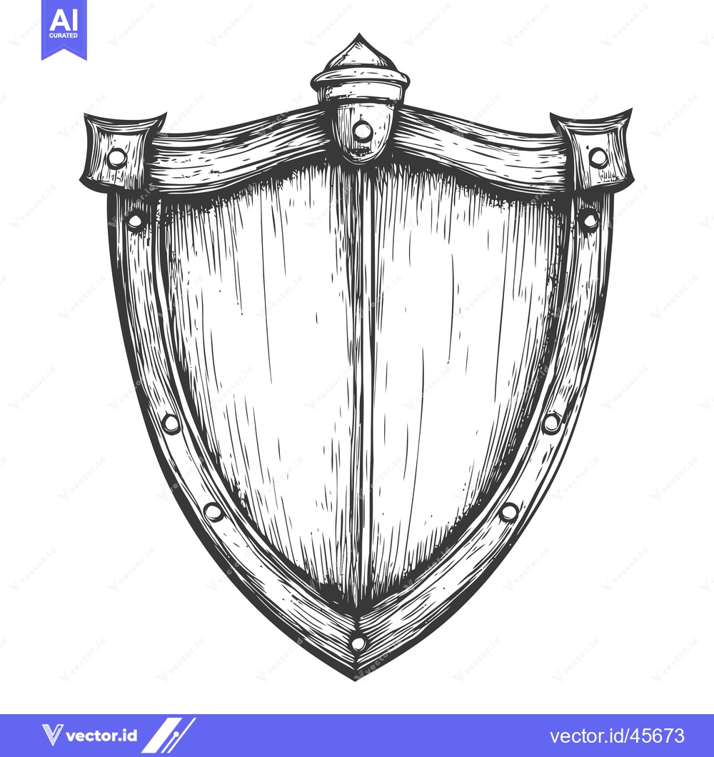 Premium Vector dari Hand-drawn illustration of a wooden shield with a metal rim and rivets
