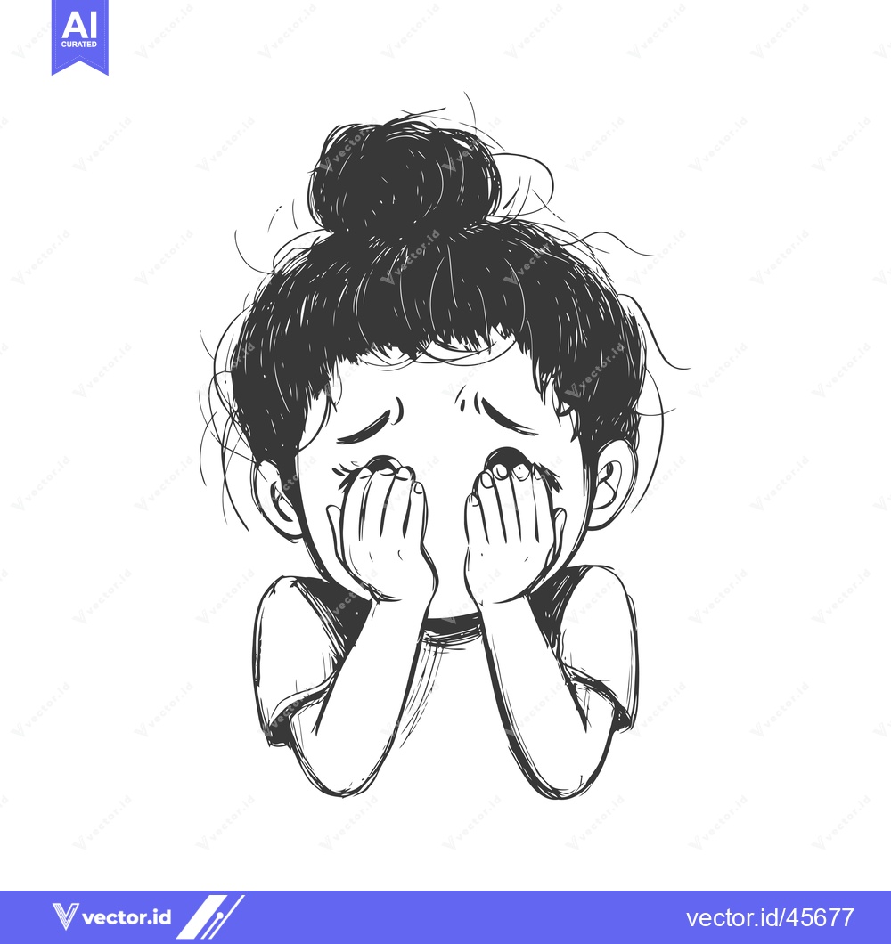 Premium Vector of Hand-Drawn Illustration of a Young Girl Crying, Covering Her Face with