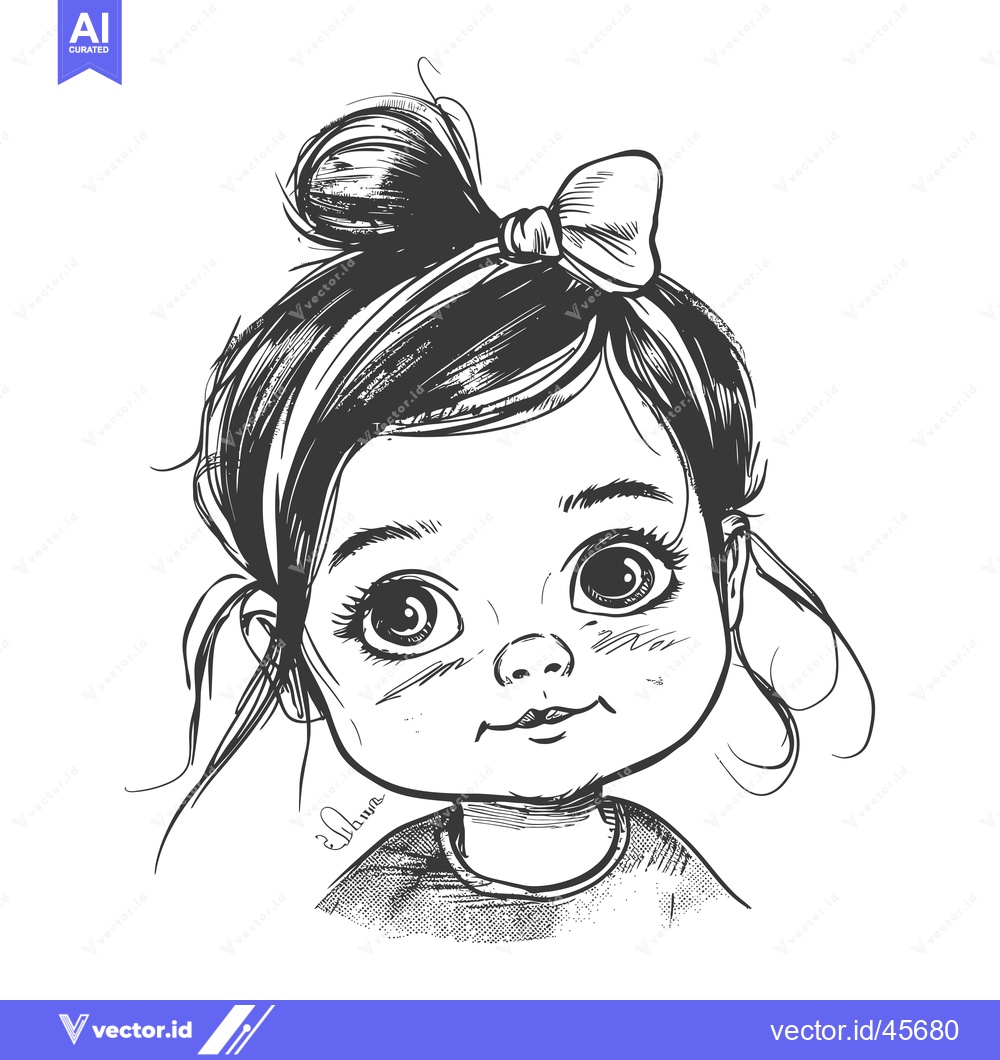 Premium Vector of Hand-drawn Illustration of a Young Girl with a Bow in Her Hair