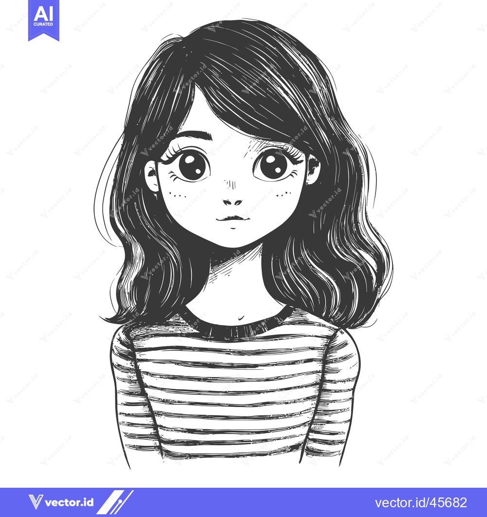 Premium Vector dari Hand-Drawn Illustration of a Young Girl with Long Wavy Hair Wearing a
