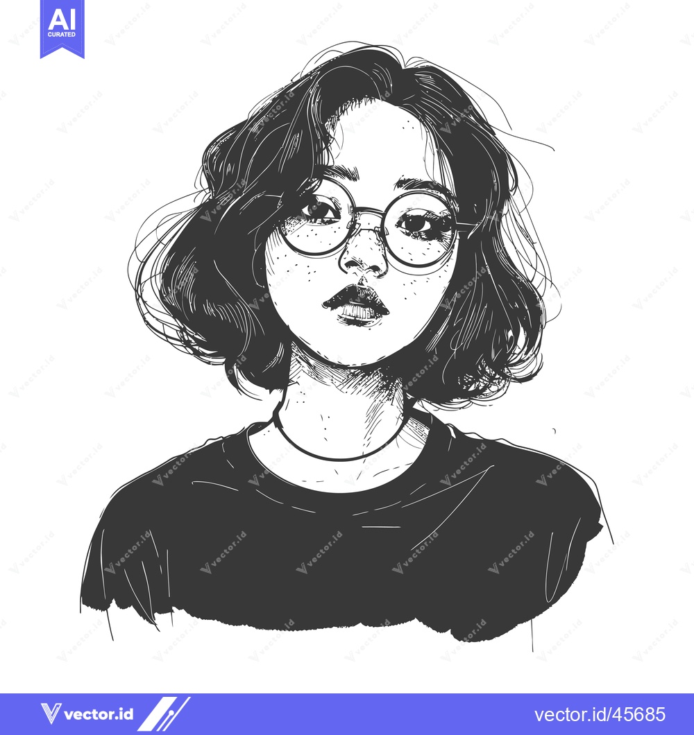 Premium Vector dari Hand-drawn Illustration of a Young Woman with Short Hair Wearing Glass