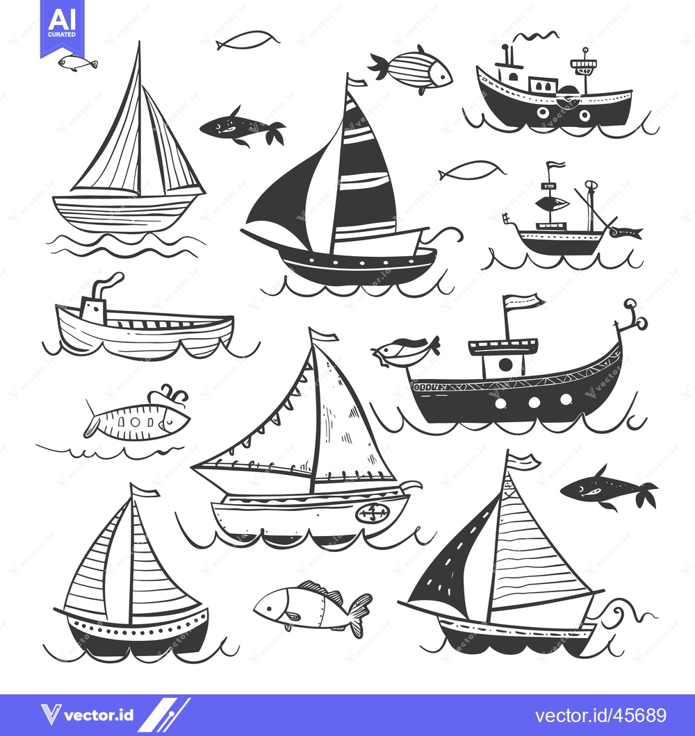Premium Vector of Hand-Drawn Illustration of Boats and Fish on the Ocean