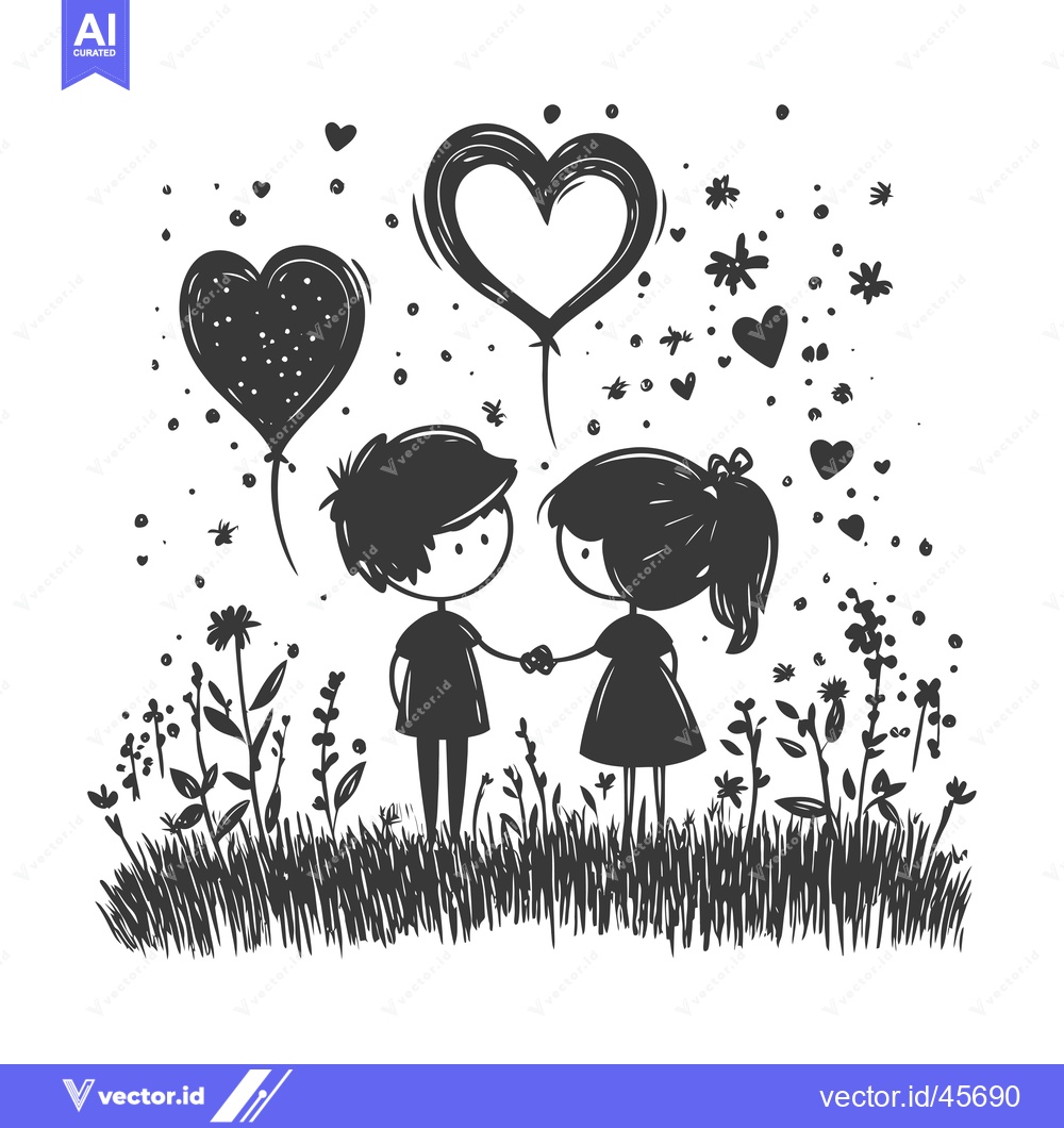 Premium Vector dari Hand-Drawn Illustration of Boy and Girl Holding Hands in a Field with