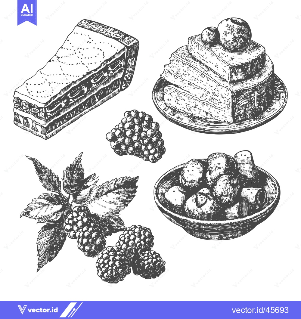 Premium Vector dari Hand-Drawn Illustration of Cakes, Berries, and Leaves