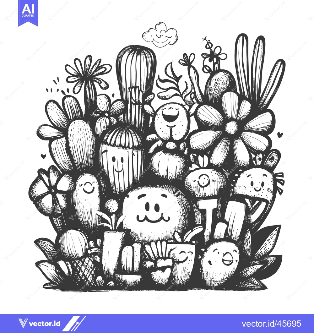 Premium Vector dari Hand-drawn Illustration of Cartoon Cactus Characters in a Garden Setti