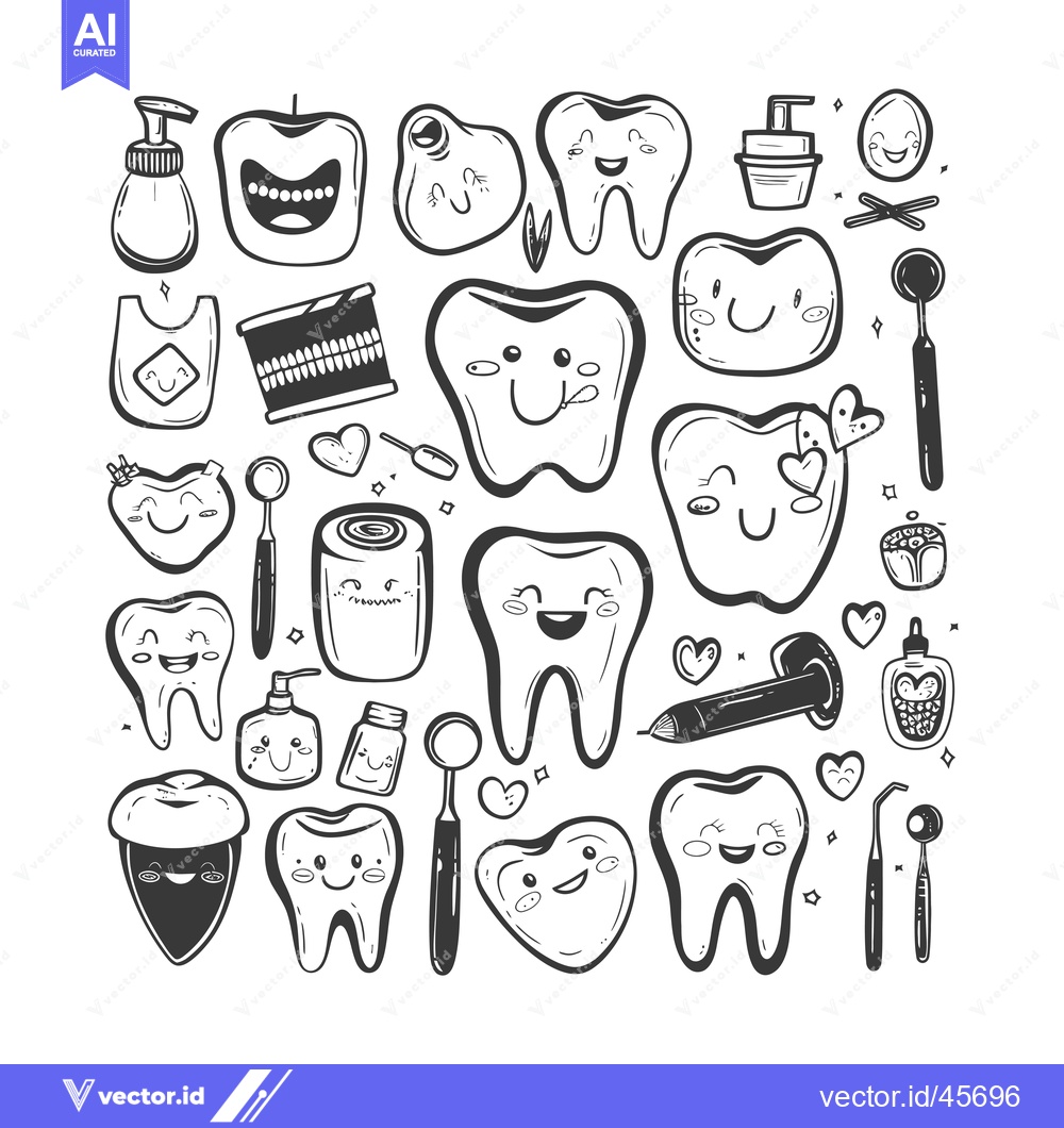 Premium Vector dari Hand-Drawn Illustration of Cartoon Teeth with Dental Care Items