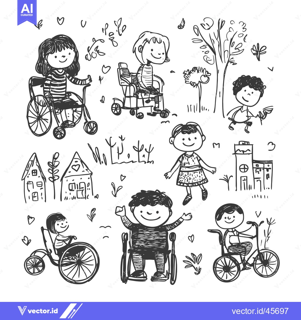 Premium Vector of Hand-Drawn Illustration of Children in Wheelchairs and Bicycles in a P