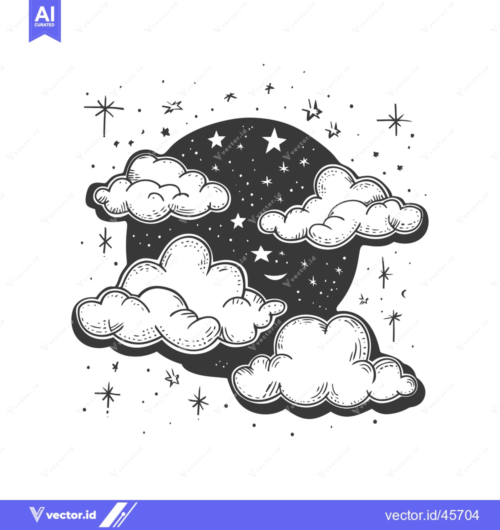 Premium Vector of Hand-Drawn Illustration of Clouds, Stars, and a Crescent Moon in a Nig