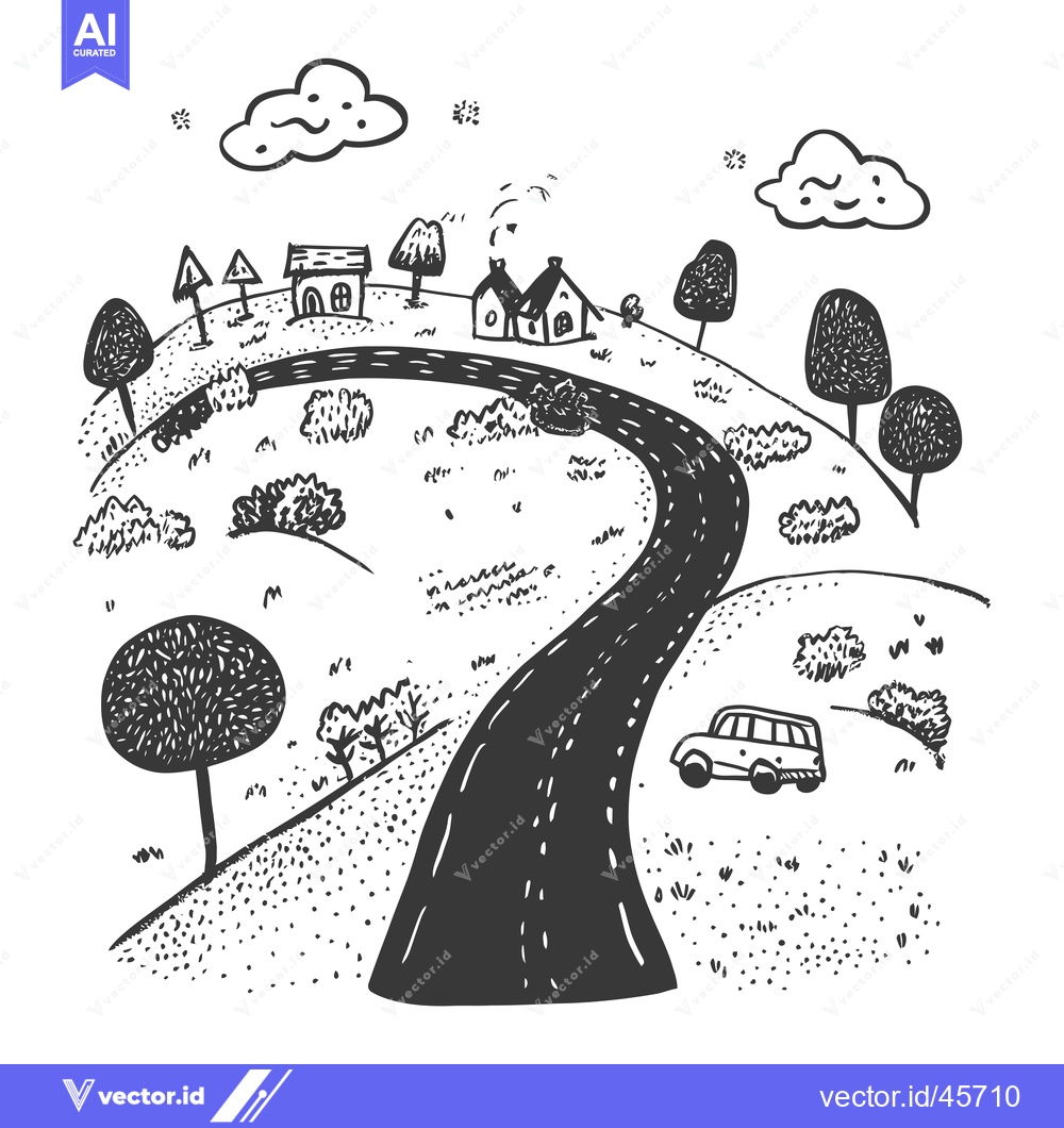 Premium Vector of Hand-drawn illustration of a countryside road winding through a hilly