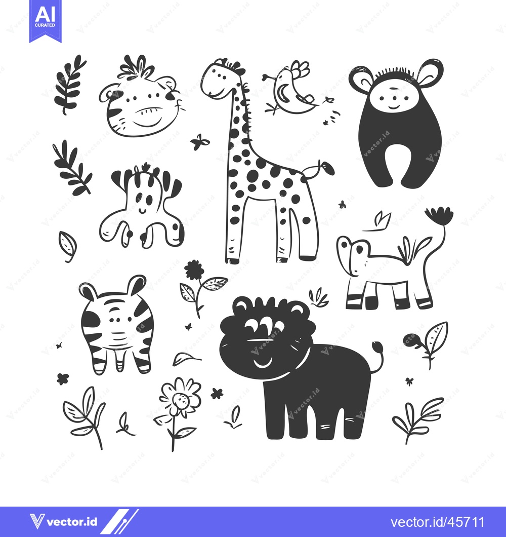 Premium Vector of Hand-Drawn Illustration of Cute Black and White Animals and Plants