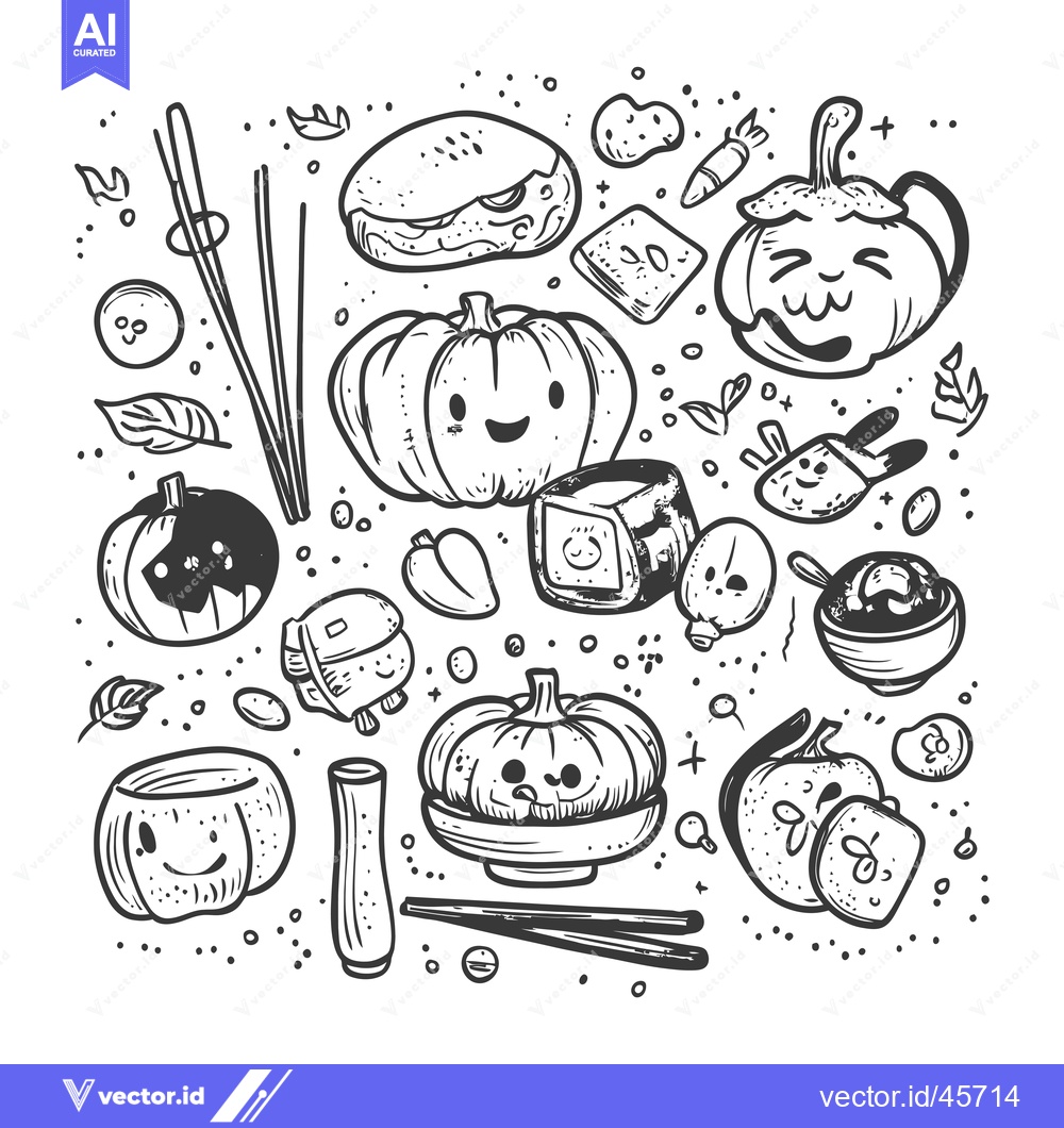 Premium Vector dari Hand-Drawn Illustration of Cute Pumpkins, Food, and Chopsticks