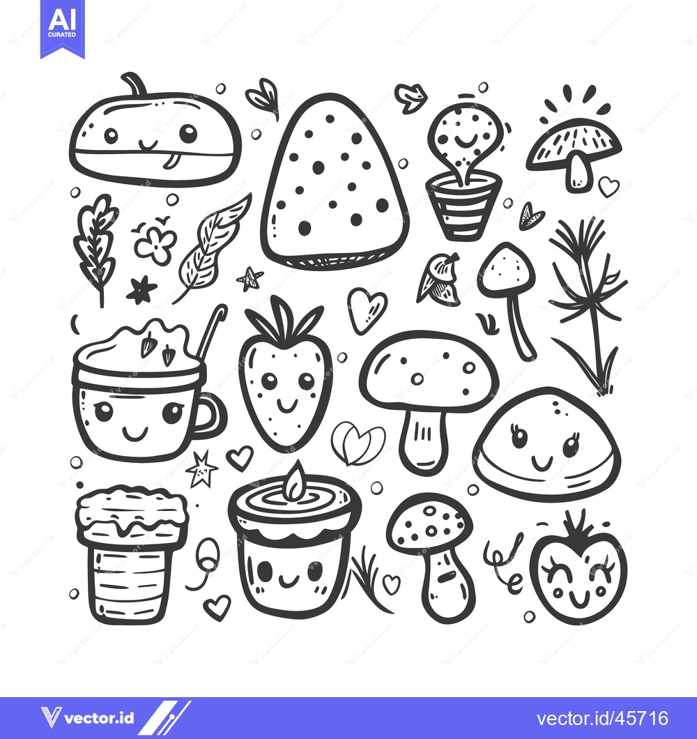 Premium Vector dari Hand-Drawn Illustration of Cute, Smiling Mushrooms, Fruit, and Other O