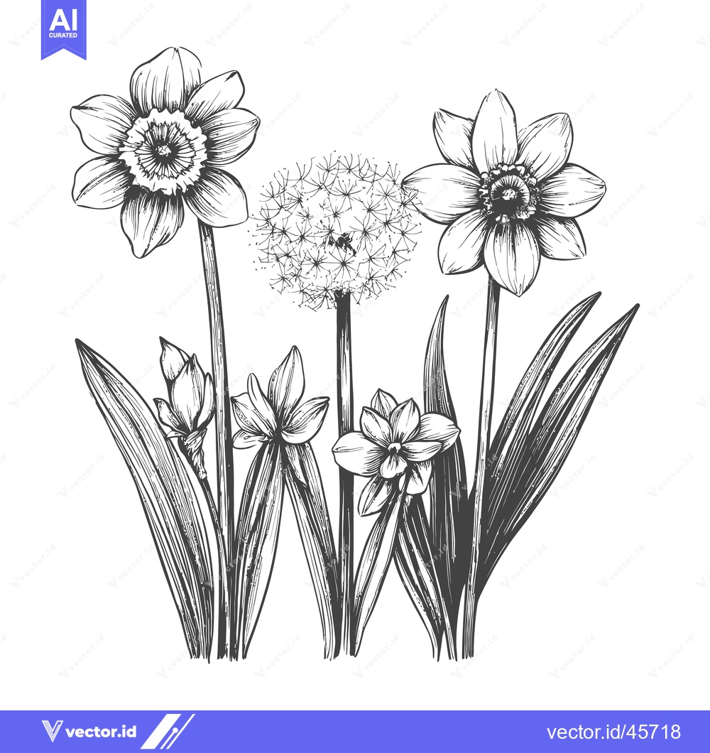 Premium Vector of Hand-drawn illustration of daffodils and a dandelion