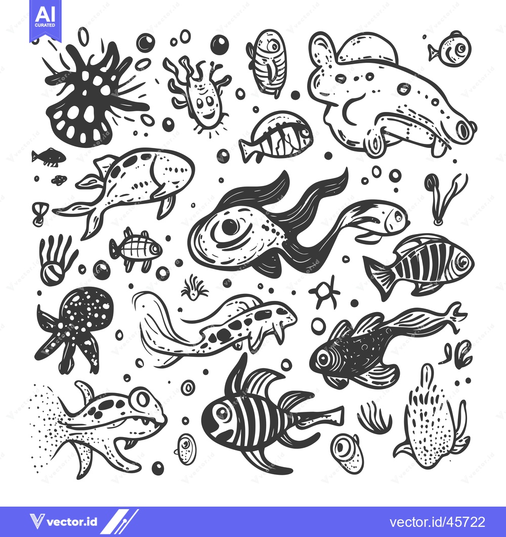 Premium Vector dari Hand-Drawn Illustration of Diverse Marine Life in Black and White