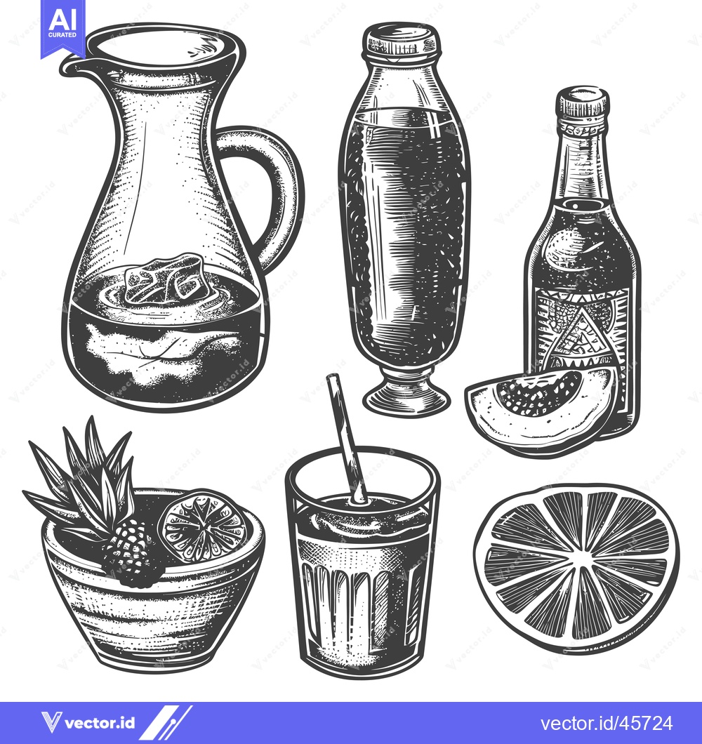 Premium Vector of Hand-drawn illustration of drinks and fruits in black and white