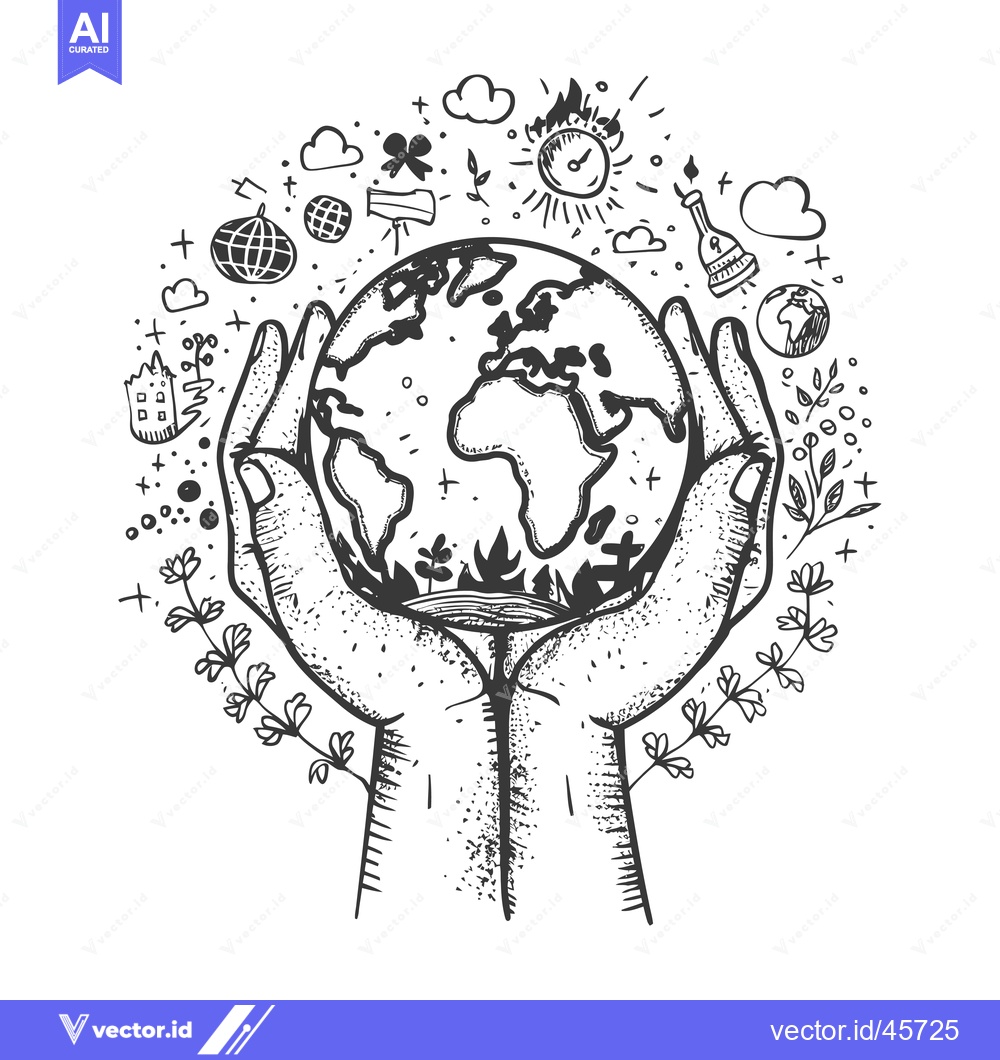 Premium Vector of Hand-Drawn Illustration of Earth Held by Two Hands Surrounded by Doodl