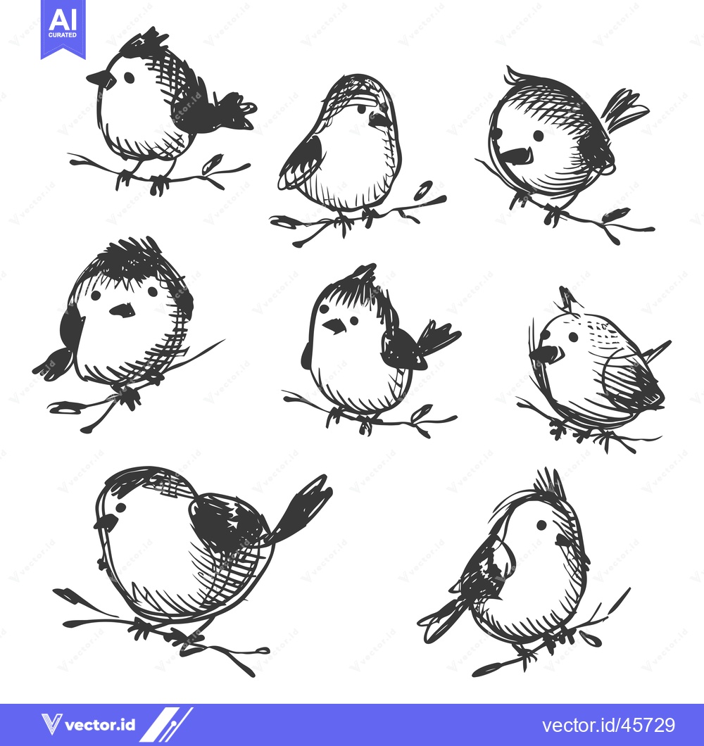 Premium Vector of Hand-drawn Illustration of Eight Birds Perched on Branches