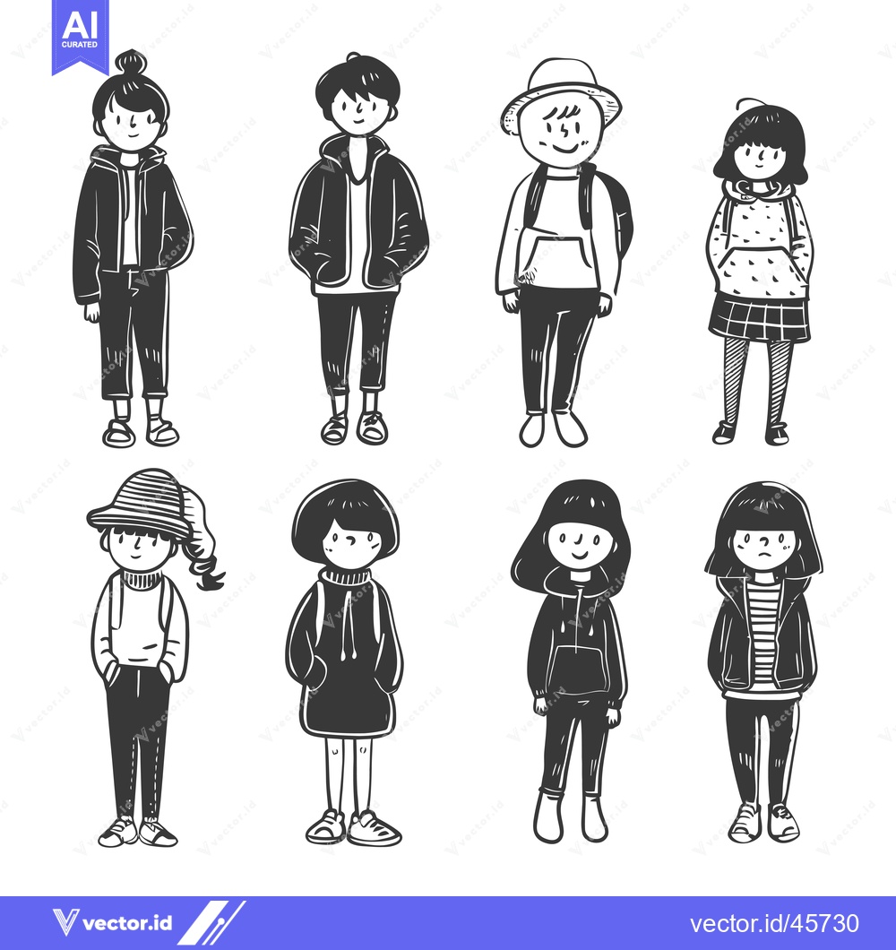Premium Vector of Hand-drawn illustration of eight cartoon characters wearing casual out