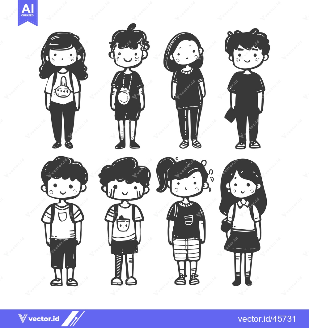 Premium Vector of Hand-drawn illustration of eight cartoon children in casual clothing
