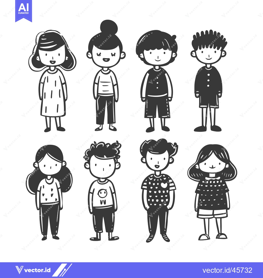 Premium Vector of Hand-Drawn Illustration of Eight Children in Casual Attire