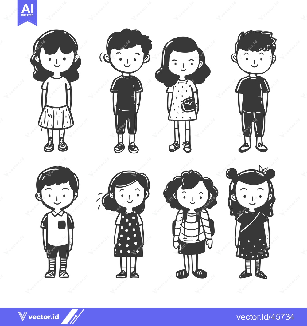 Premium Vector dari Hand-drawn Illustration of Eight Children in Casual Outfits