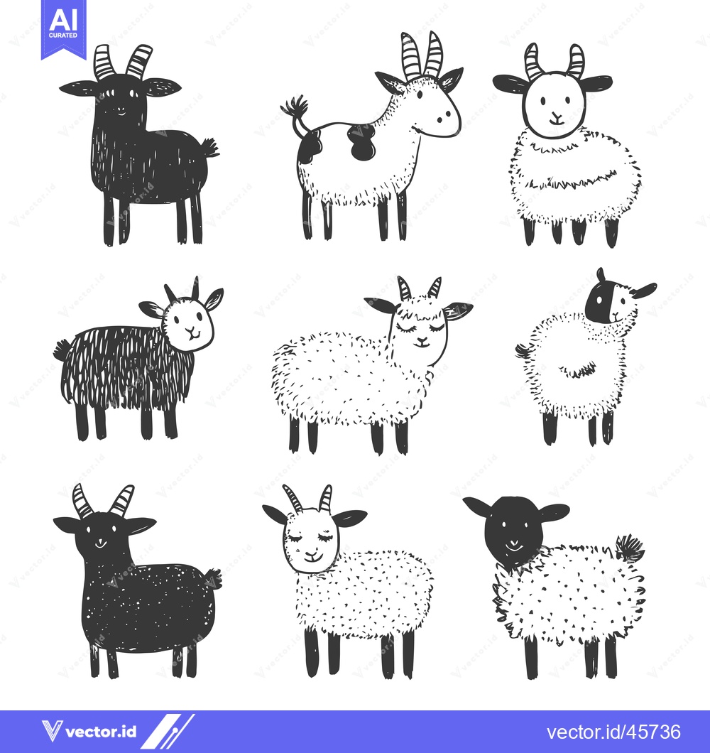 Premium Vector dari Hand-Drawn Illustration of Eight Cute Goats and Sheep