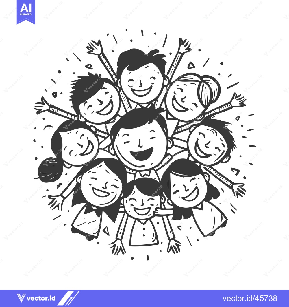 Premium Vector dari Hand-drawn illustration of eight smiling people in a circle with arms