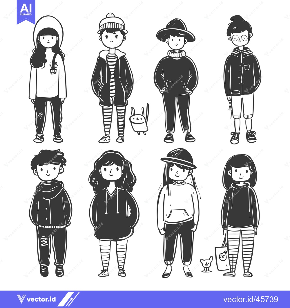 Premium Vector of Hand-Drawn Illustration of Eight Stylish Cartoon Characters