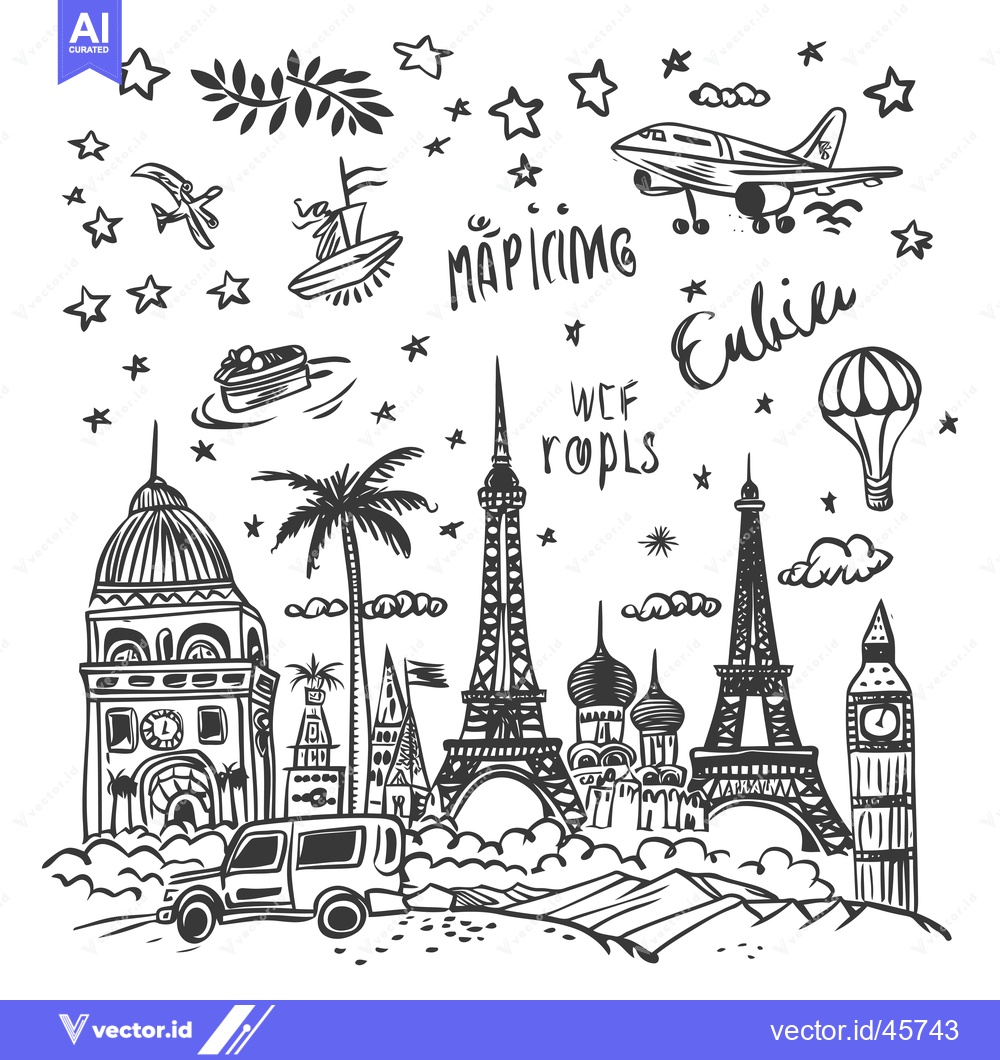 Premium Vector of Hand-Drawn Illustration of Famous Landmarks with Airplane and Stars