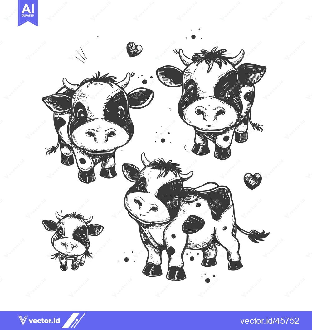 Premium Vector of Hand-drawn Illustration of Four Black and White Cows with Hearts