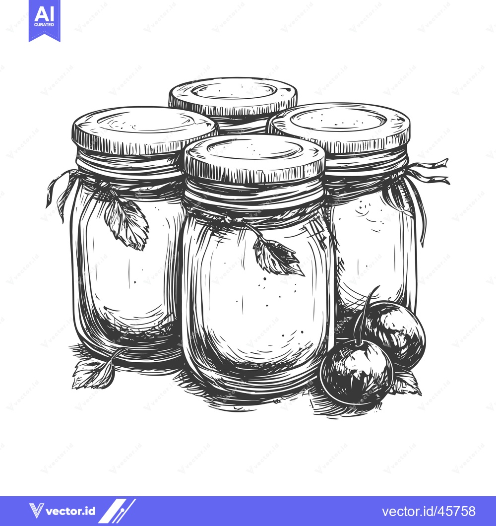 Premium Vector of Hand-drawn illustration of four glass jars with lids, leaves, and frui