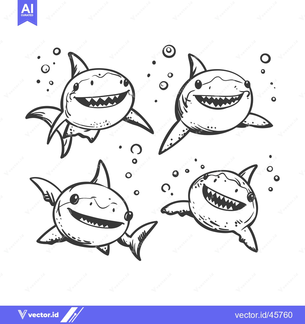 Premium Vector of Hand-drawn illustration of four smiling cartoon sharks swimming with b