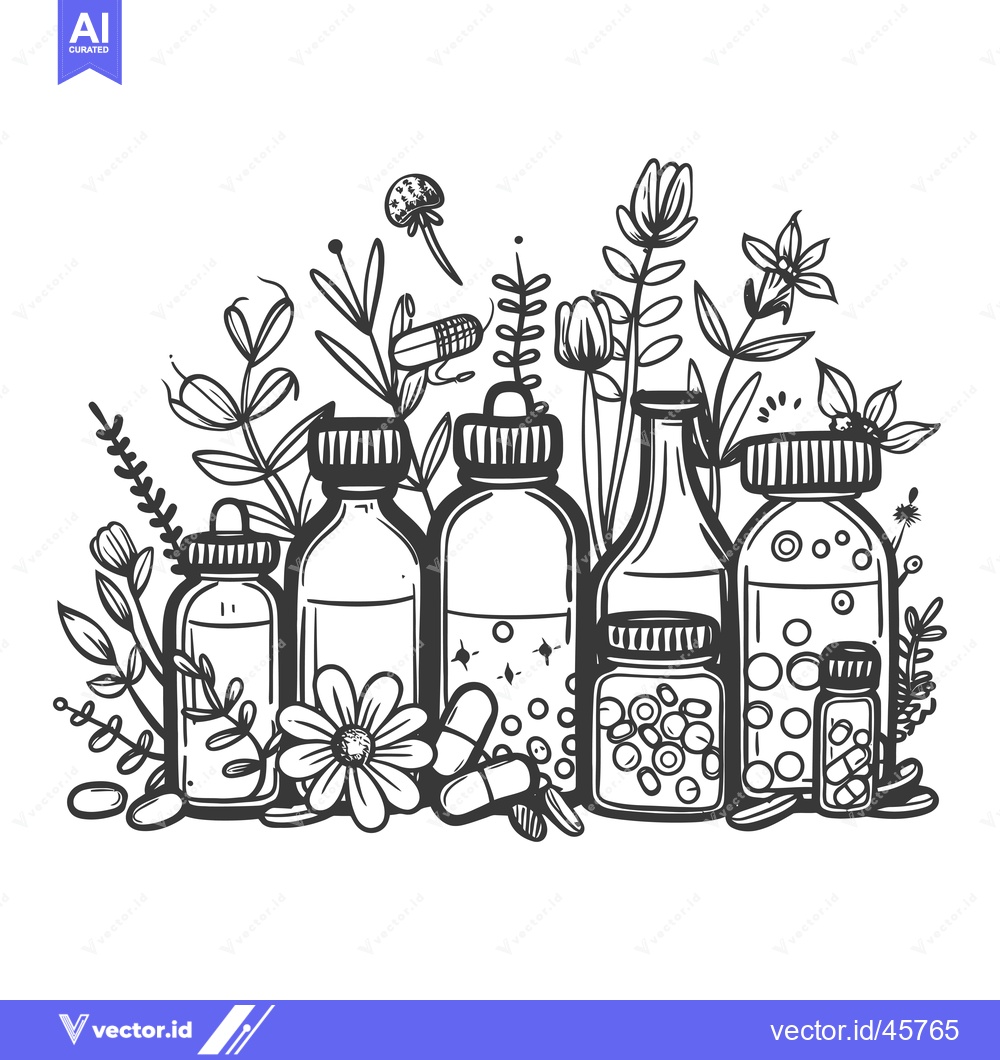 Premium Vector of Hand-Drawn Illustration of Glass Bottles with Herbal Supplements Surro