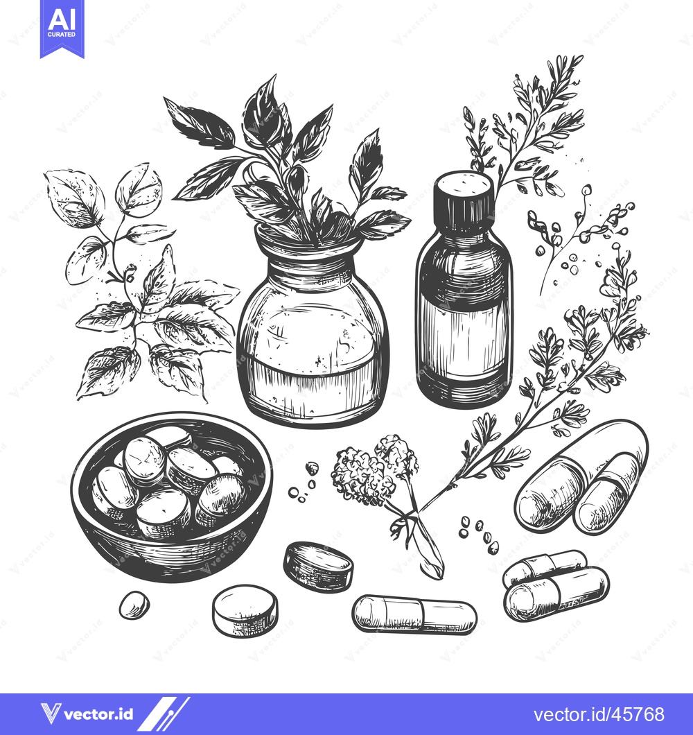 Premium Vector dari Hand-Drawn Illustration of Herbal Remedies and Supplements