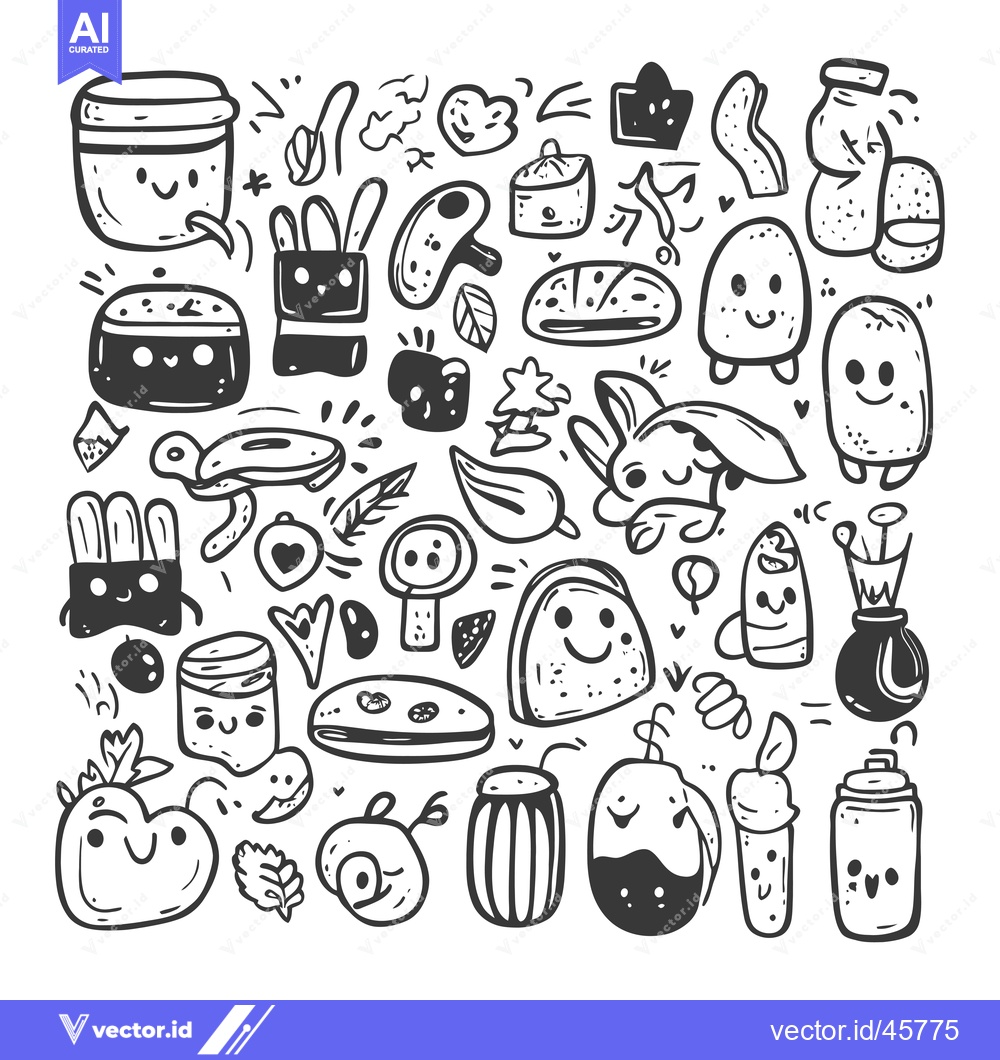 Premium Vector dari Hand-Drawn Illustration of Kawaii Food and Objects with Smiling Faces