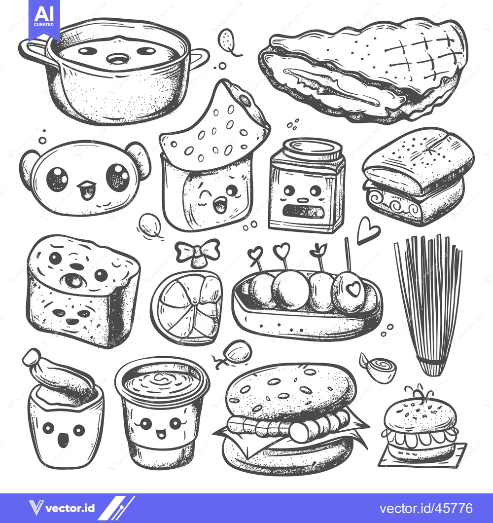 Premium Vector dari Hand-Drawn Illustration of Kawaii Food Items with Faces