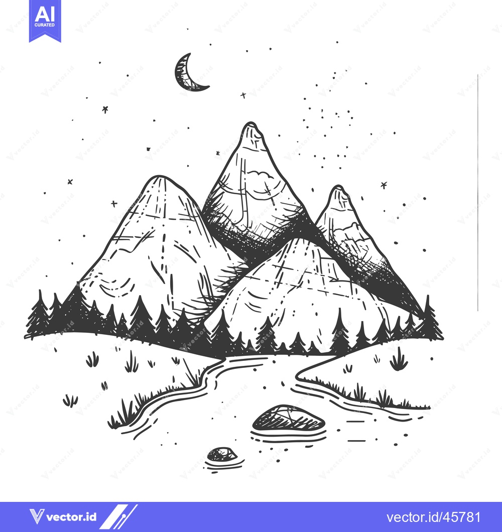 Premium Vector dari Hand-drawn Illustration of Mountain Range with Stream and Night Sky