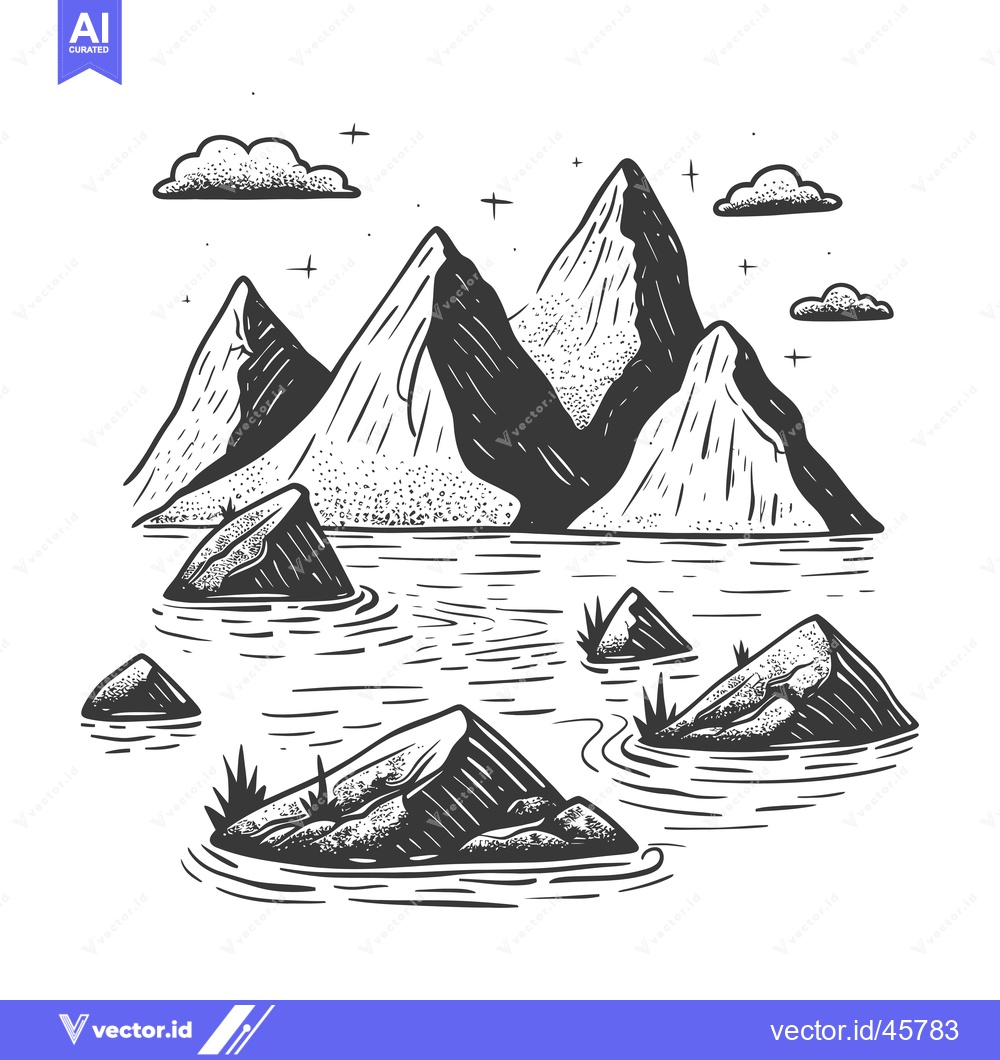Premium Vector dari Hand-drawn illustration of mountains reflected in a still lake with cl