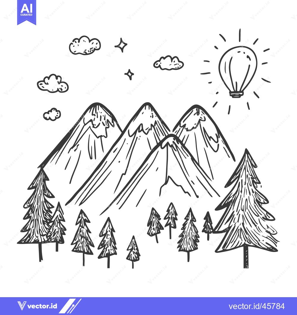 Premium Vector dari Hand-drawn illustration of mountains, trees, and a hot air balloon