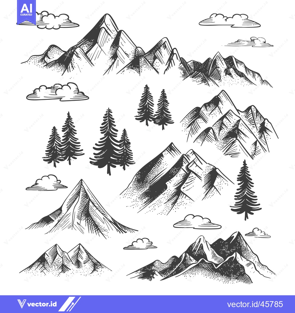 Premium Vector dari Hand-Drawn Illustration of Mountains, Trees, and Clouds