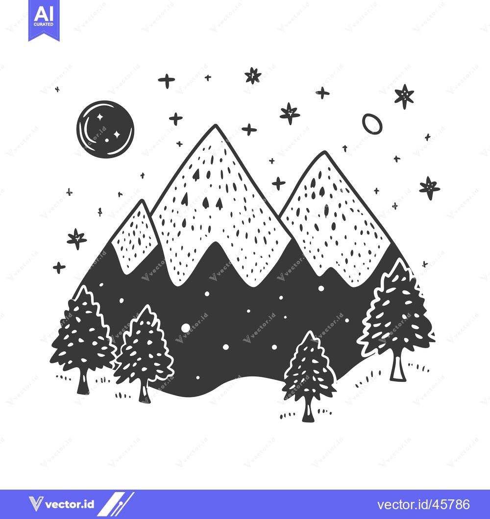Premium Vector of Hand-drawn illustration of mountains with trees and stars