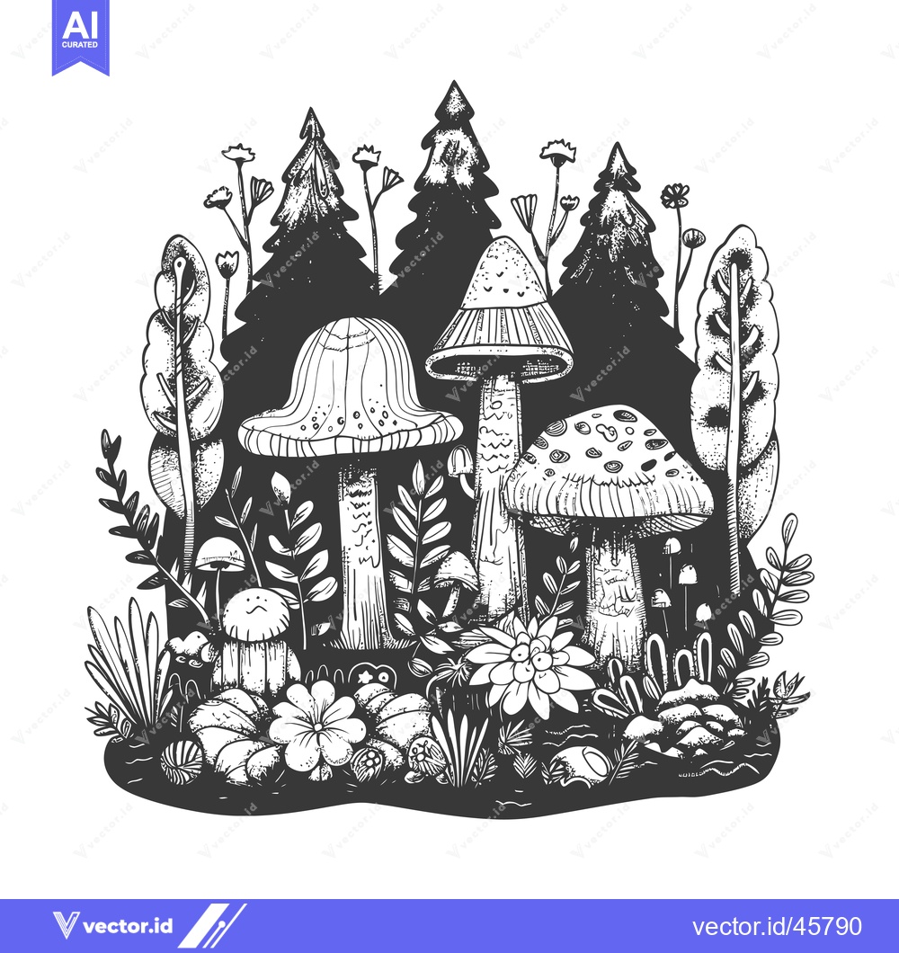 Premium Vector of Hand-Drawn Illustration of Mushrooms and Forest Plants in Black and Wh