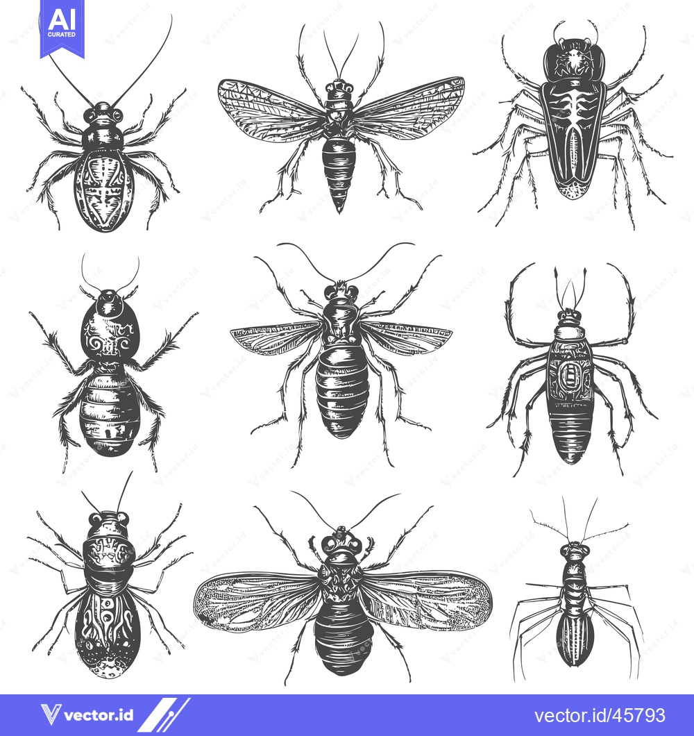 Premium Vector of Hand-Drawn Illustration of Nine Different Types of Insects