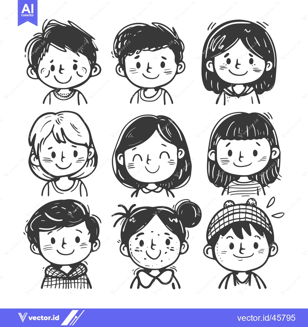 Premium Vector dari Hand-drawn illustration of nine smiling cartoon faces